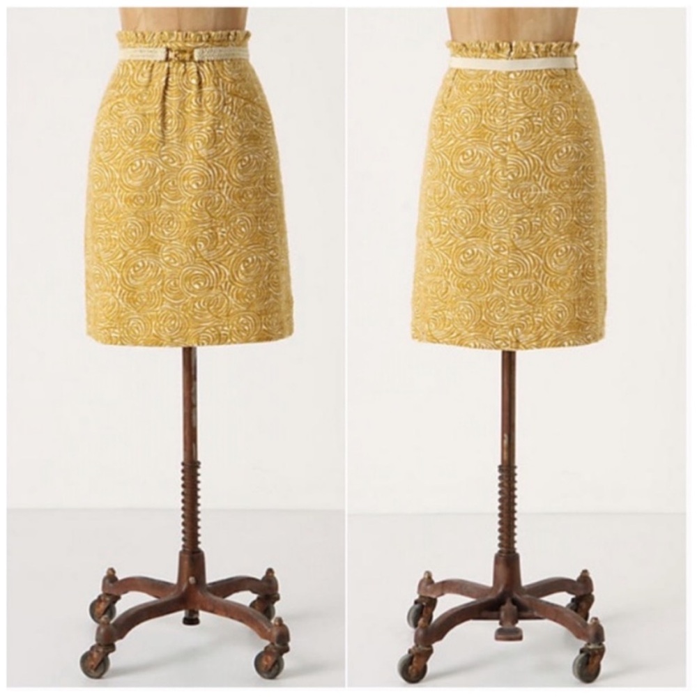 Anthropologie Elevenses Painted Morning Yellow Linen Blend Belted Skirt, size 0